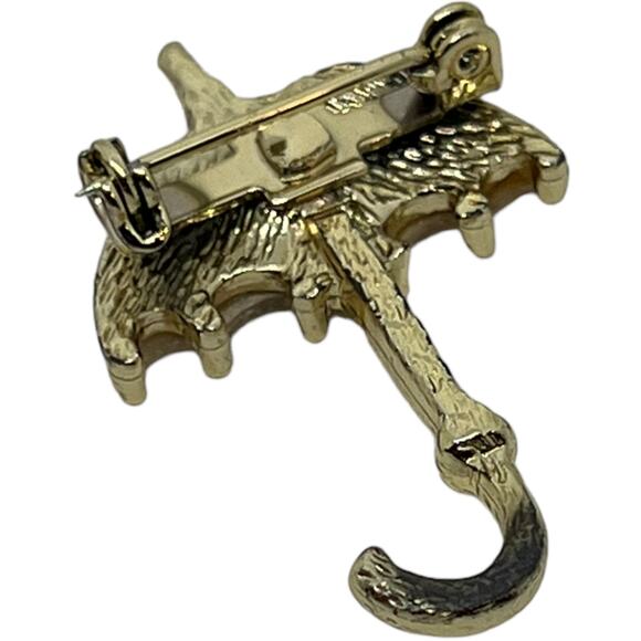 Vintage Umbrella Brooch Pin Mother of Pearl Red Stripe Gold Tone 1960s Parasol - Picture 2 of 15